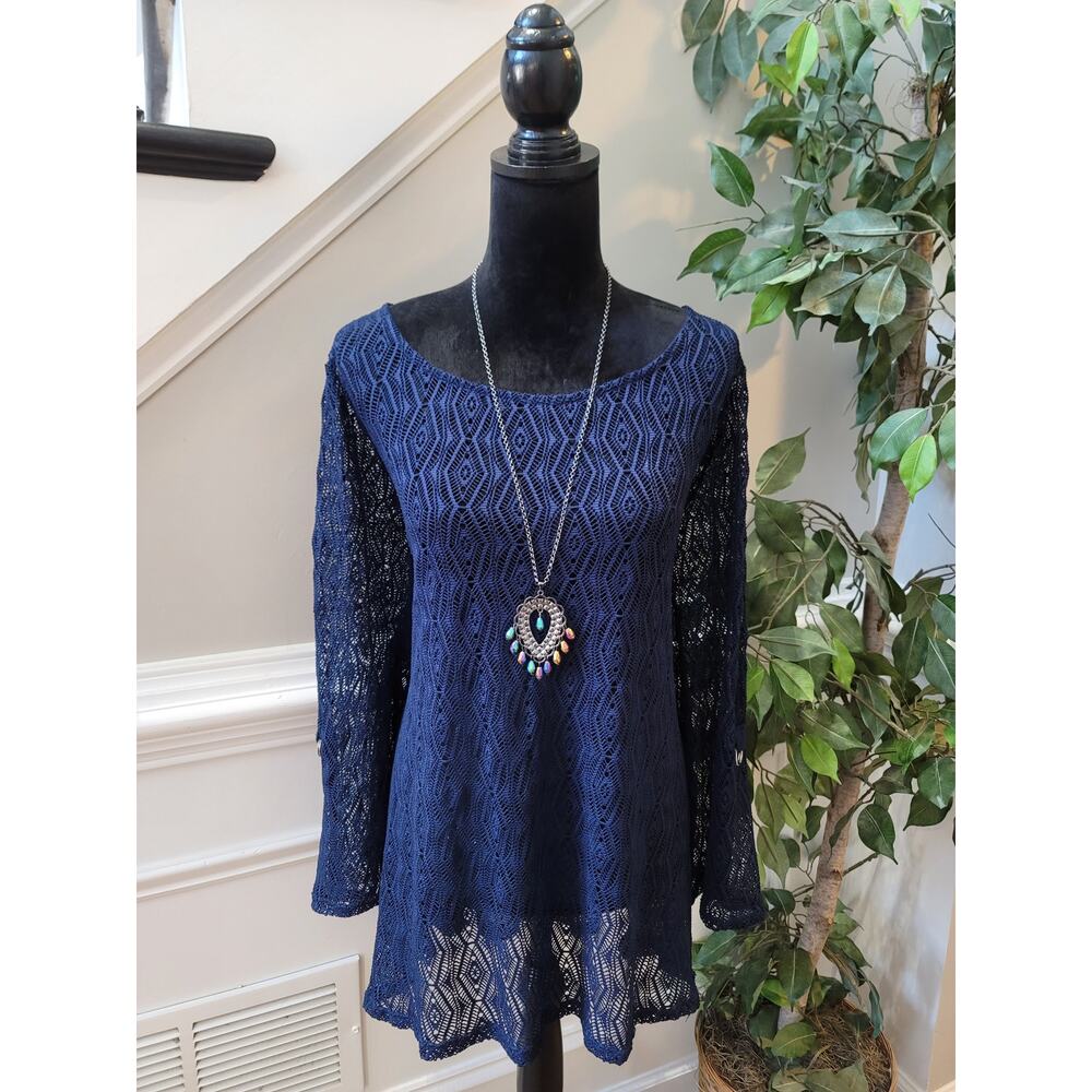 Cal Style Sheer Blouse Women's Size 3X-Large Navy Blue Boat Neck Long Sleeves